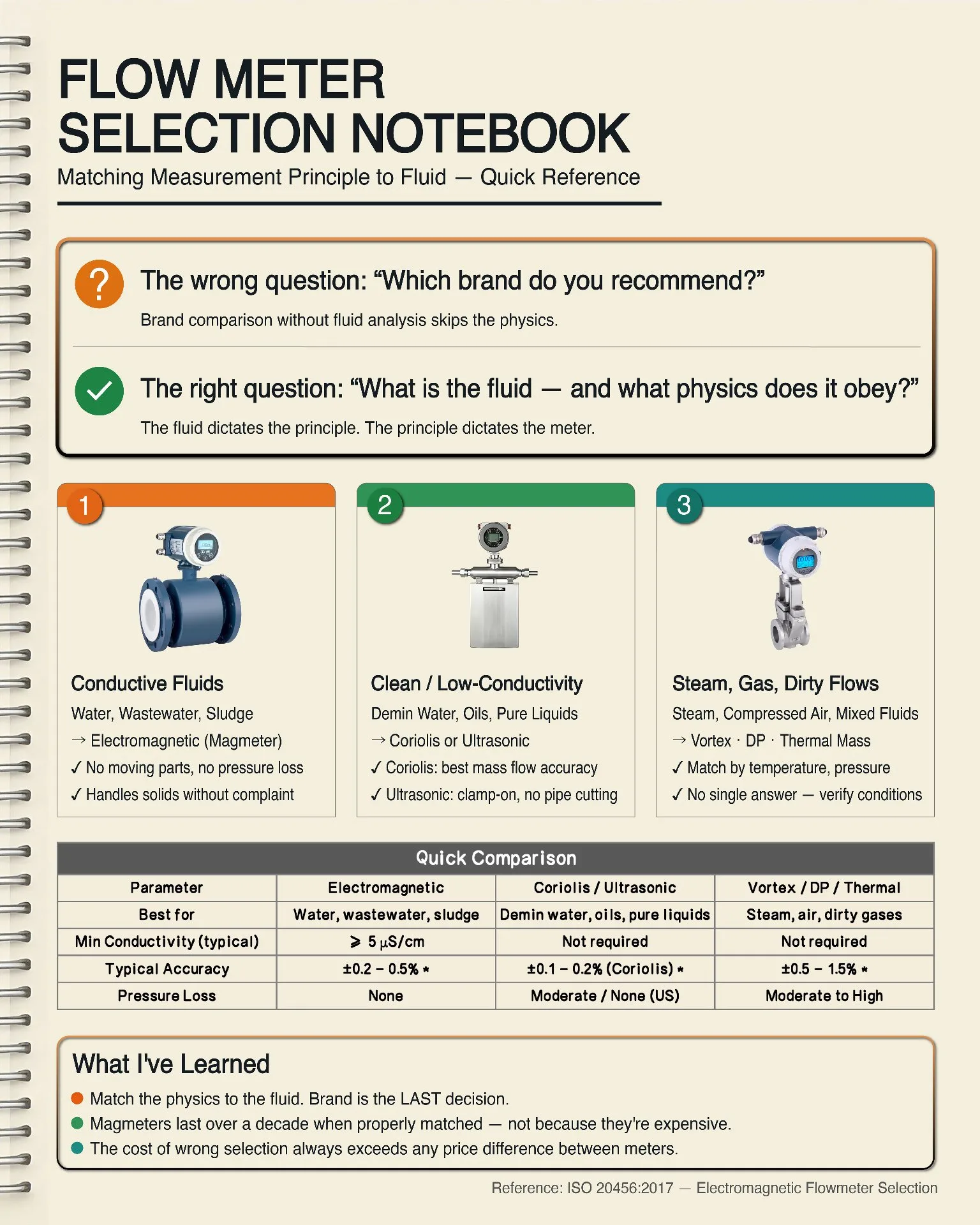 Engineer's notebook with flow meter selection sketches